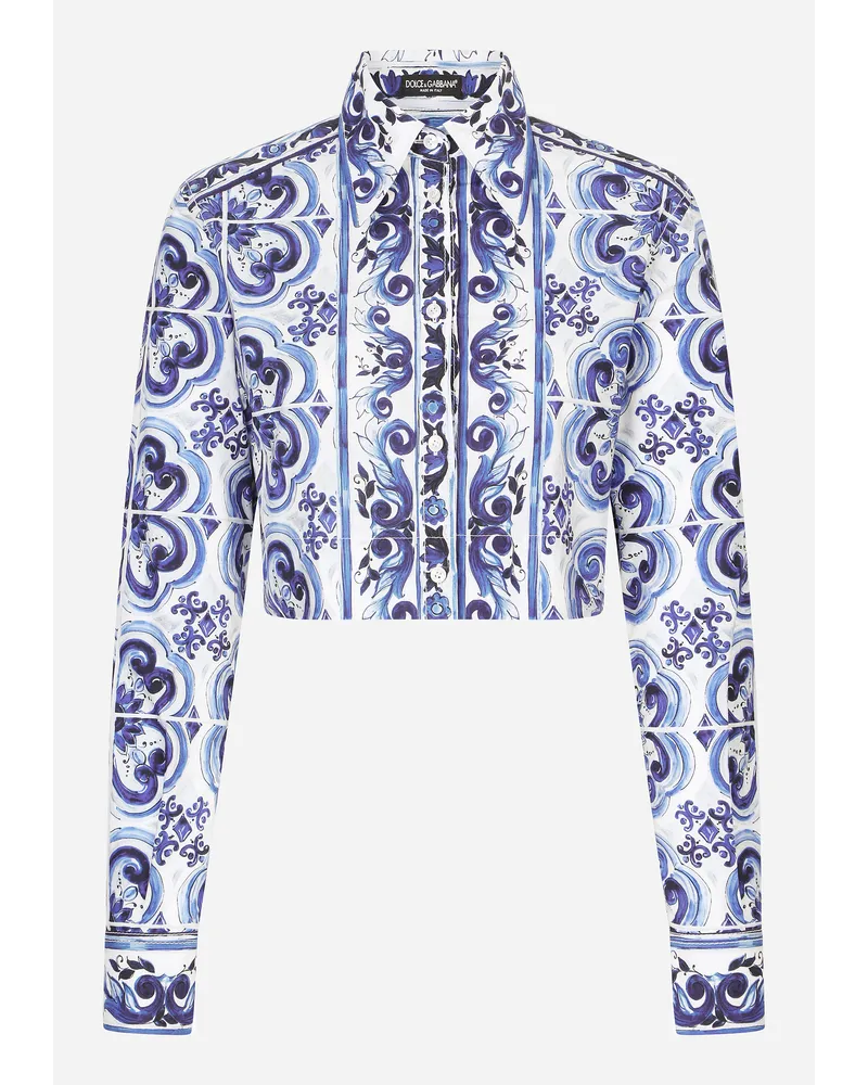 Dolce & Gabbana Camicia Corta In Popeline Stampa Maiolica - Donna Camicie E Top Blu Cotone Tris