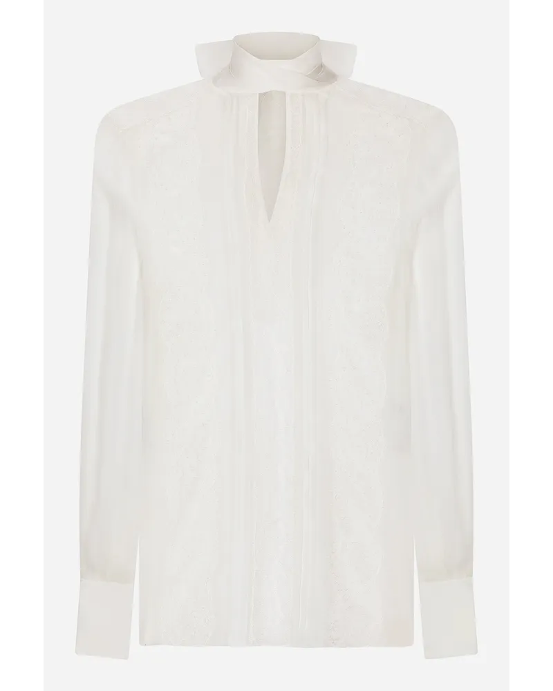 Dolce & Gabbana Blusa Con Sciarpina In Chiffon E Pizzo - Donna Camicie E Top Bianco Seta Bianco