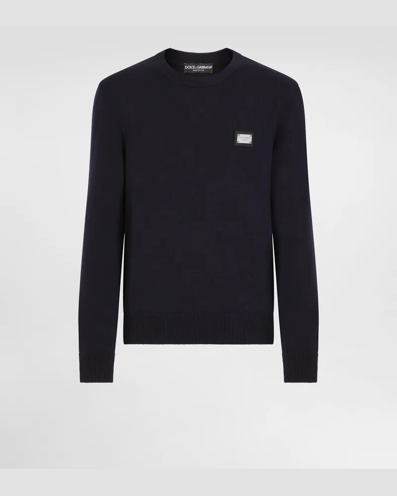 Dolce & Gabbana Maglia Girocollo In Lana Con Placca Logata - Uomo Maglieria Blu Lana Blu