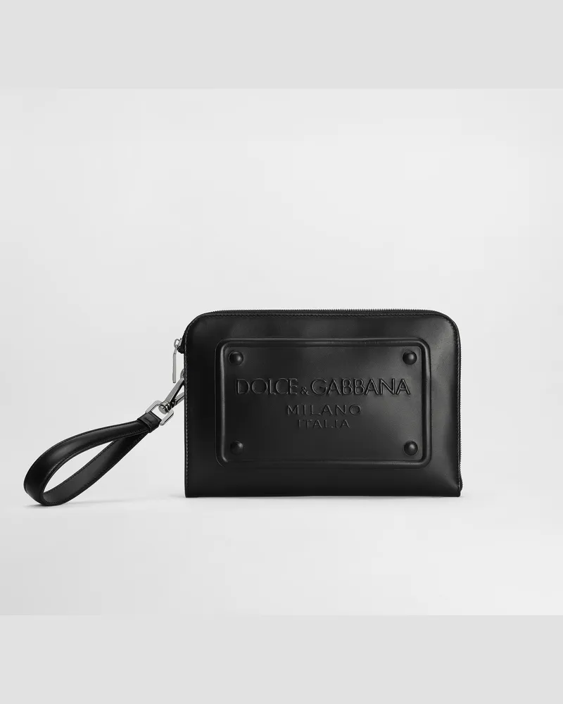 Dolce & Gabbana Pouch Piccola In Pelle Di Vitello Con Logo In Rilievo - Uomo Portadocumenti E Clutch Nero Pelle Nero