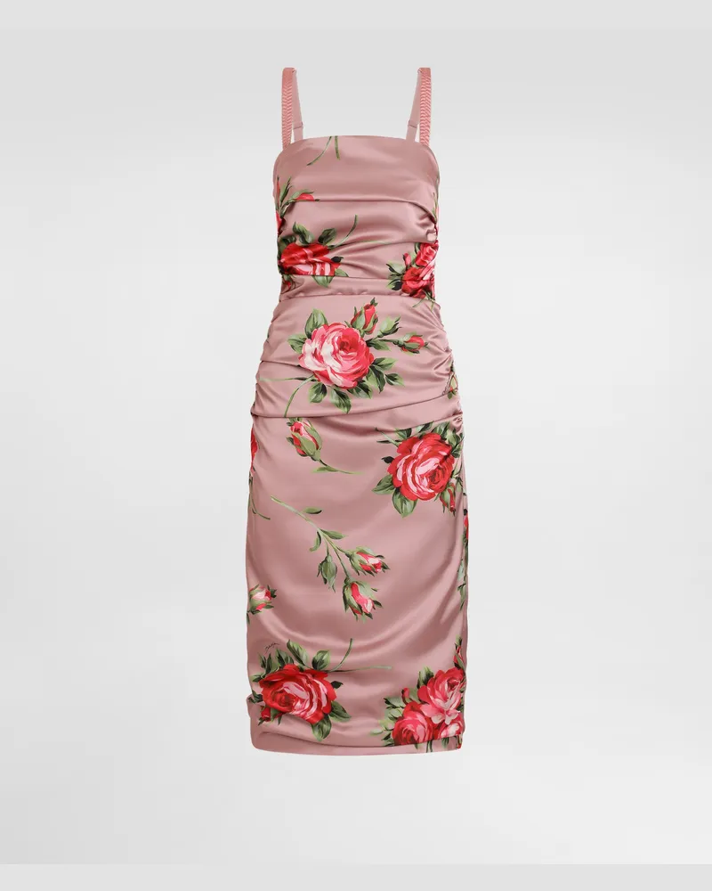 Dolce & Gabbana Abito In Raso Stampa Bouquet Rose - Donna Abiti Multicolore Multicolore