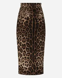 Dolce & Gabbana Gonna Longuette In Doppio Crêpe Stampa Leopardo - Donna Gonne Stampa Animalier Lana Leo