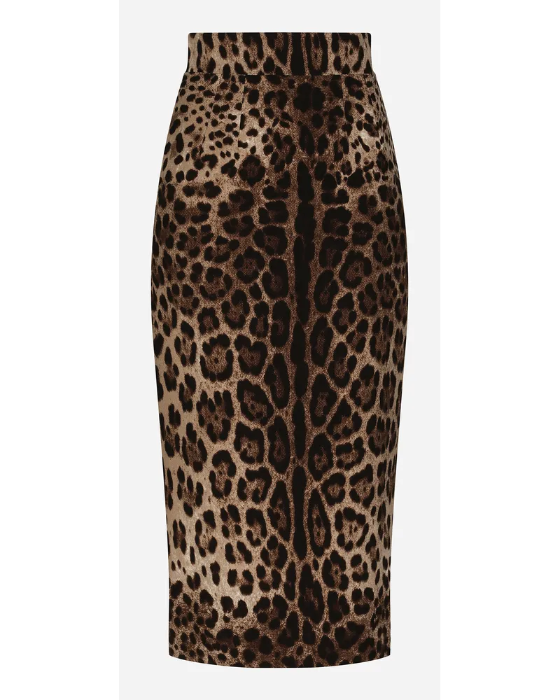 Dolce & Gabbana Gonna Longuette In Doppio Crêpe Stampa Leopardo - Donna Gonne Stampa Animalier Lana Leo