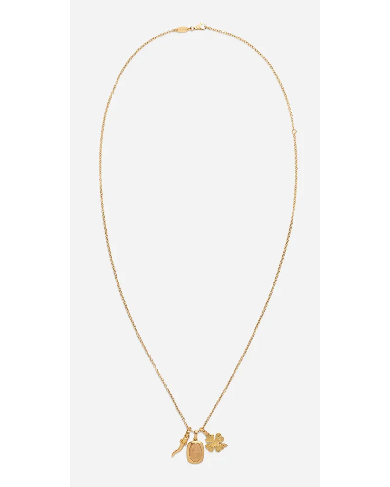Dolce & Gabbana Devotion Yellow And Red Gold Rounded Rectangular Pendant With A Red Gold Virgin Mary Medallion, Horn And Four-leaf Clover Pendants On Yellow Gold Chain  - Uomo Collane Giallo/rosso Giallo