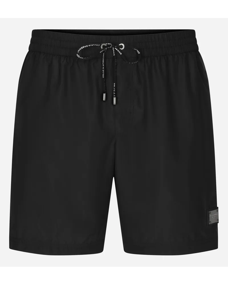 Dolce & Gabbana Mid-length Swim Trunks With Branded Plate - Uomo Beachwear Nero Tessuto Nero