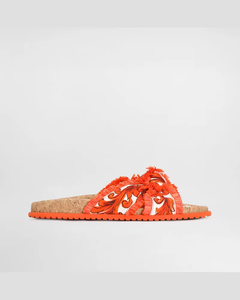 Dolce & Gabbana Ciabatta Flat In Broccato Stampa Maiolica - Donna Slide E Mule Multicolore Multicolore