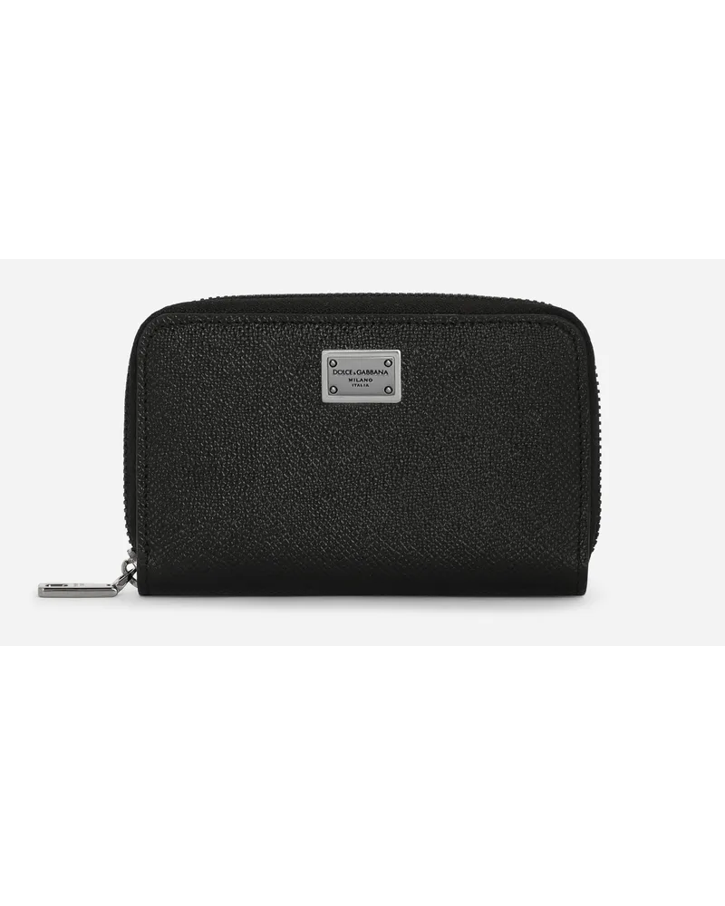 Dolce & Gabbana Portafoglio Zip Around Piccolo In Pelle Di Vitello Con Targhetta Logata - Uomo Portafogli E Piccola Pelletteria Nero Pelle Nero