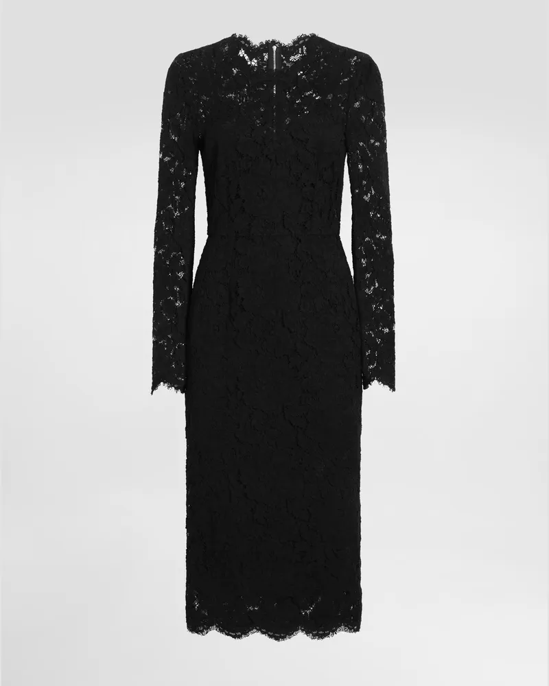 Dolce & Gabbana Abito Longuette A Manica Lunga In Pizzo Stretch Logato - Donna Abiti Nero Nero