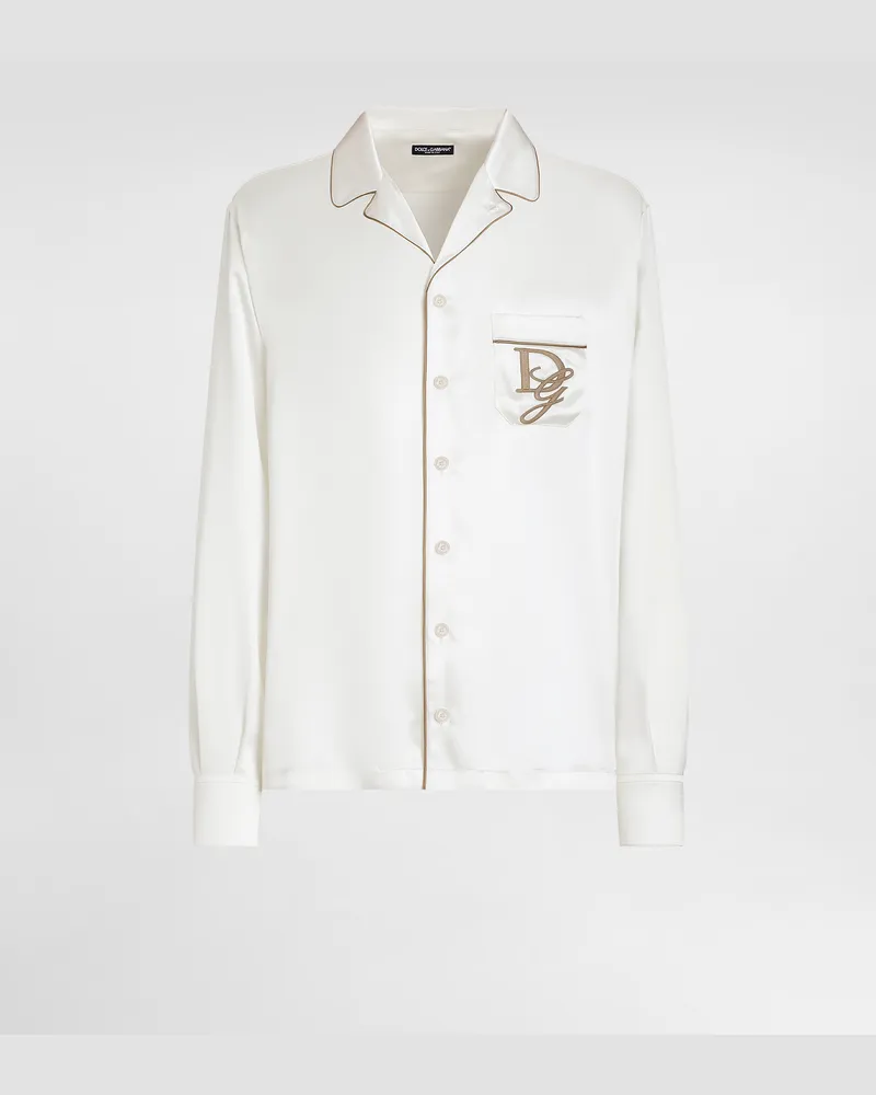 Dolce & Gabbana Camicia Vanity In Seta Con Logo Ricamato - Uomo Camicie Bianco Seta Bianco