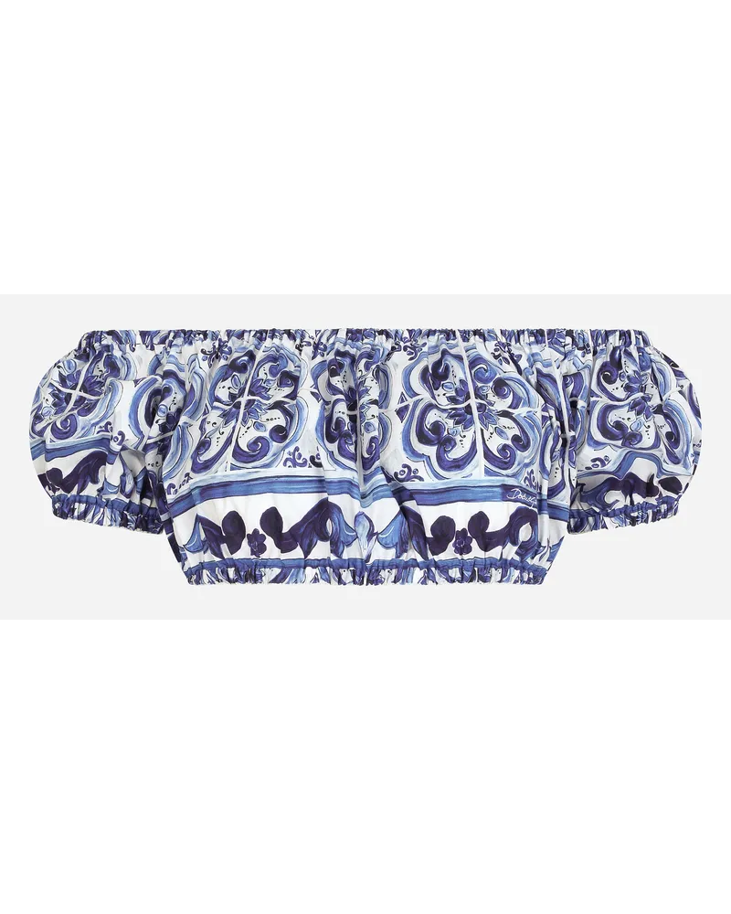 Dolce & Gabbana Top Corto In Popeline Stampa Maiolica - Donna Camicie E Top Blu Cotone Tris