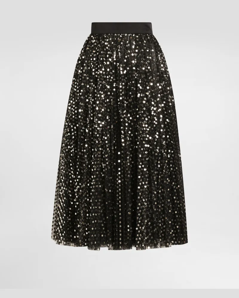 Dolce & Gabbana Gonna Longuette A Ruota In Tulle Ricamato In Micro Paillettes - Donna Gonne Oro Tulle Oro