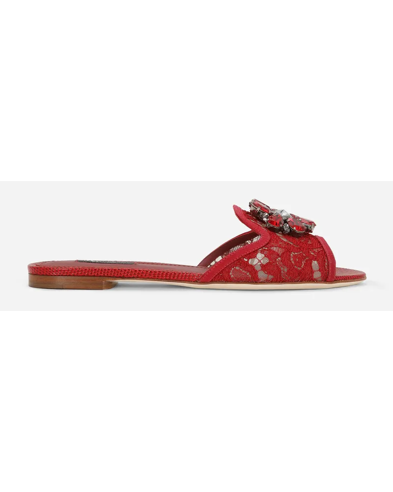 Dolce & Gabbana Slippers In Pizzo Con Cristalli - Donna Slide E Mule Rosso Scuro Rosso