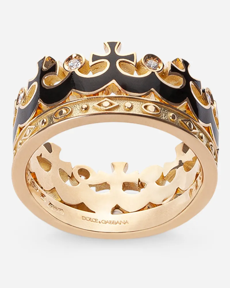 Dolce & Gabbana Crown Yellow Gold Ring With Black Enamel Crown And Diamonds - Uomo Anelli Oro Oro