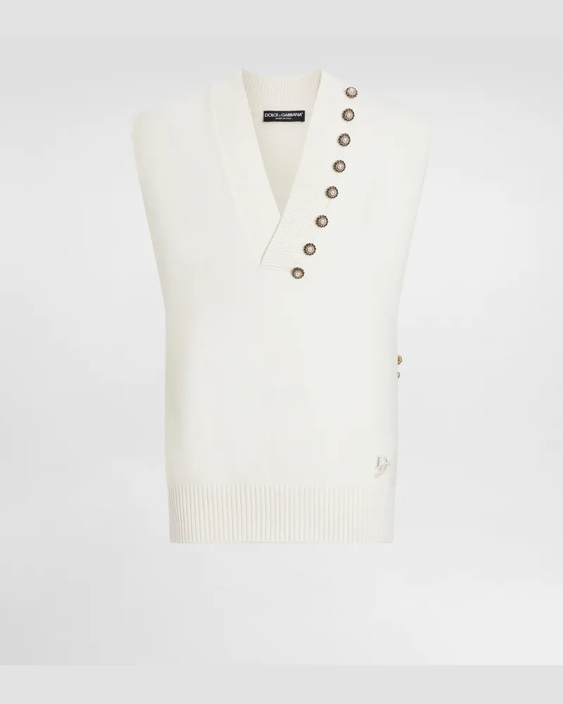 Dolce & Gabbana Gilet In Lana Scollo A V Con Bottoni Gioiello E Ricamo Dg - Uomo Maglieria Bianco Bianco