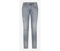 Jeans Slim Denim Stretch Blu Con Abrasioni - Uomo Denim Multicolore