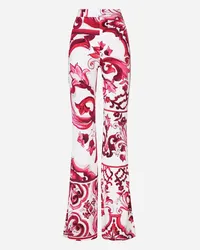 Dolce & Gabbana Pantaloni Flare In Organzino Stampa Maiolica - Donna Pantaloni E Shorts Fucsia Viscosa Tris