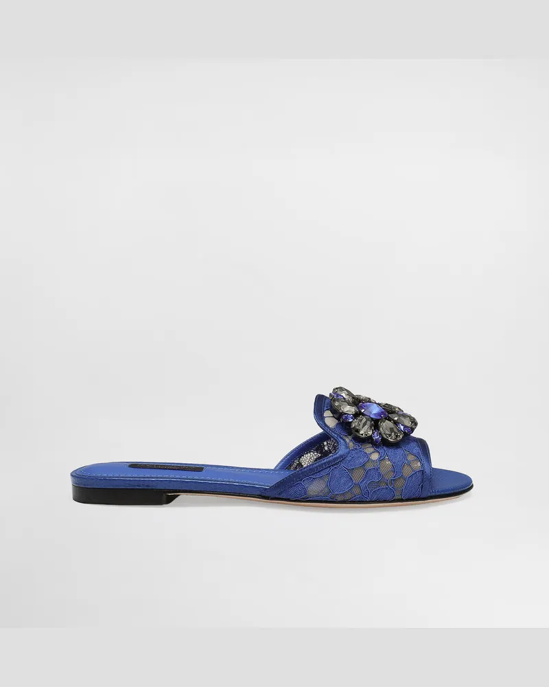 Dolce & Gabbana Slippers In Pizzo Con Cristalli - Donna Slide E Mule Blu Blu