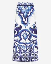 Dolce & Gabbana Gonna Longuette In Charmeuse Stampa Maiolica Con Spacco - Donna Gonne Blu Seta Tris