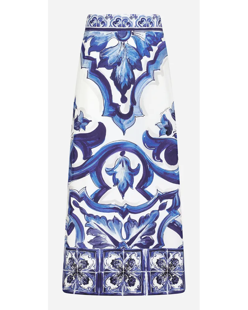 Dolce & Gabbana Gonna Longuette In Charmeuse Stampa Maiolica Con Spacco - Donna Gonne Blu Seta Tris