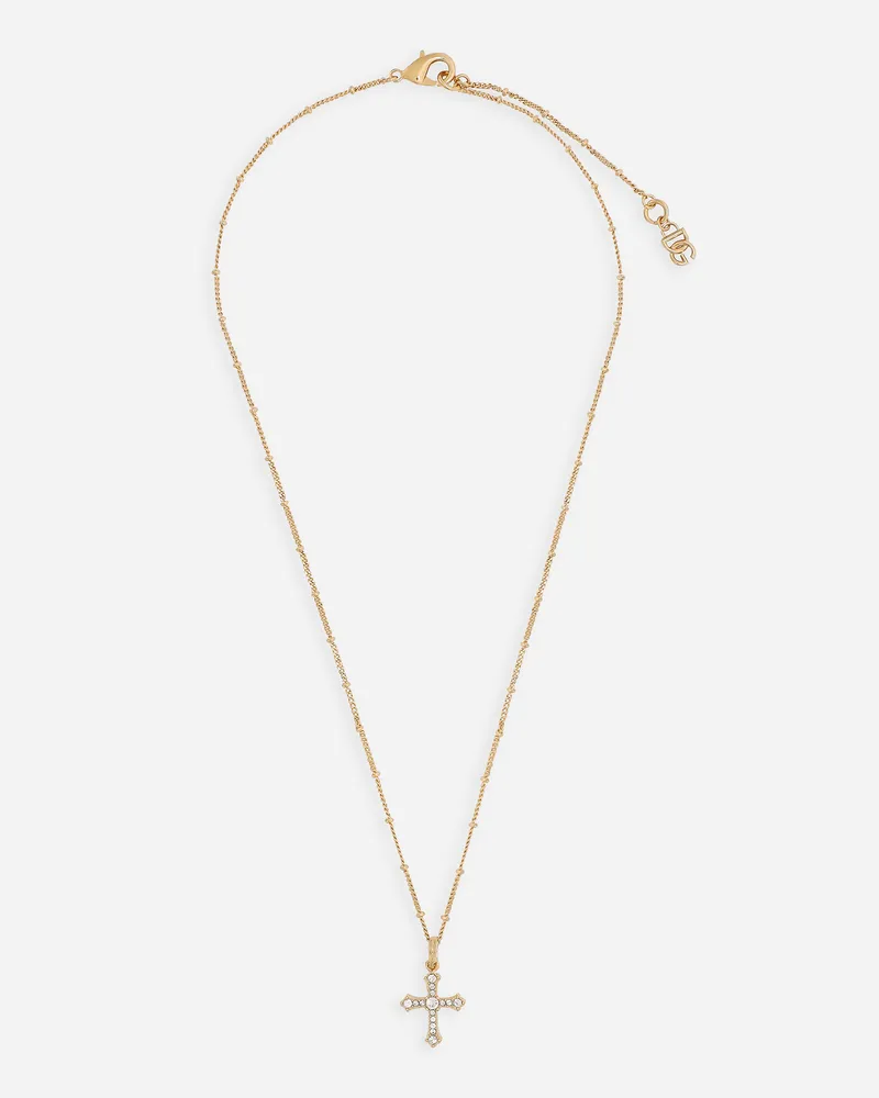 Dolce & Gabbana Collana Rosario Con Croce In Strass E Logo Dg - Donna Bijoux Oro Metallo Oro