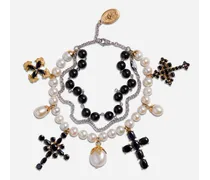 Yellow And White Gold Family Bracelet With Cblack Sapphire, Pearl And Black Jade Beads - Donna Bracciali Oro Metallo