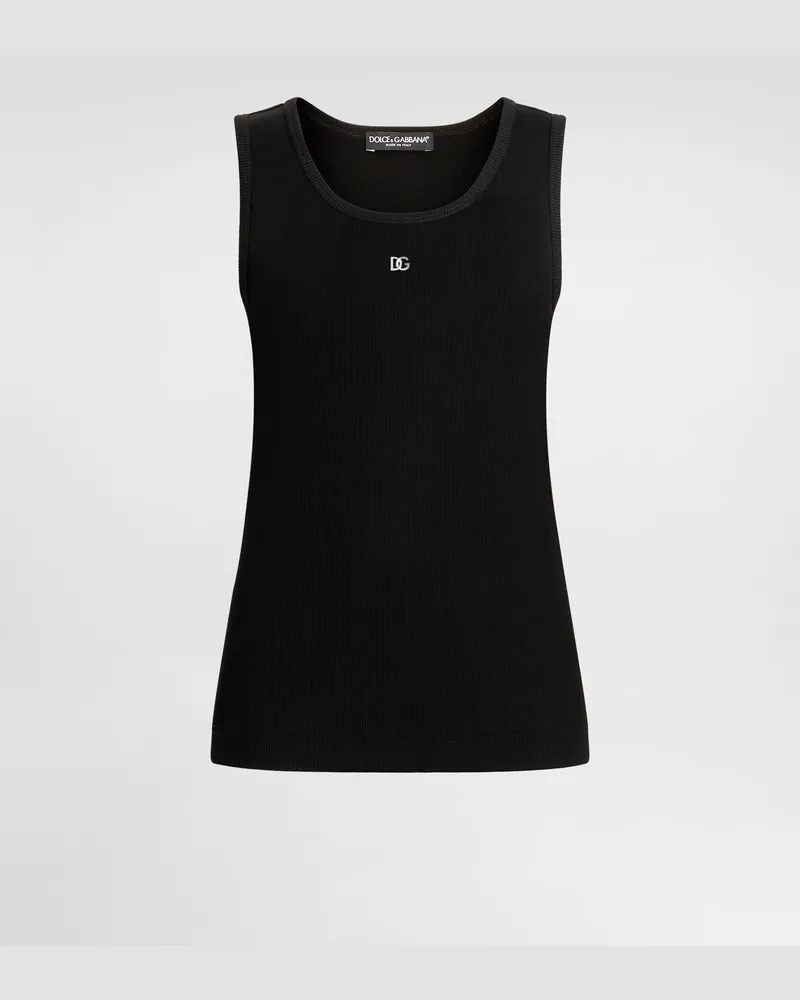 Dolce & Gabbana Canotta In Jersey A Costina Con Pin Logo Dg - Donna T-shirts E Felpe Nero Nero