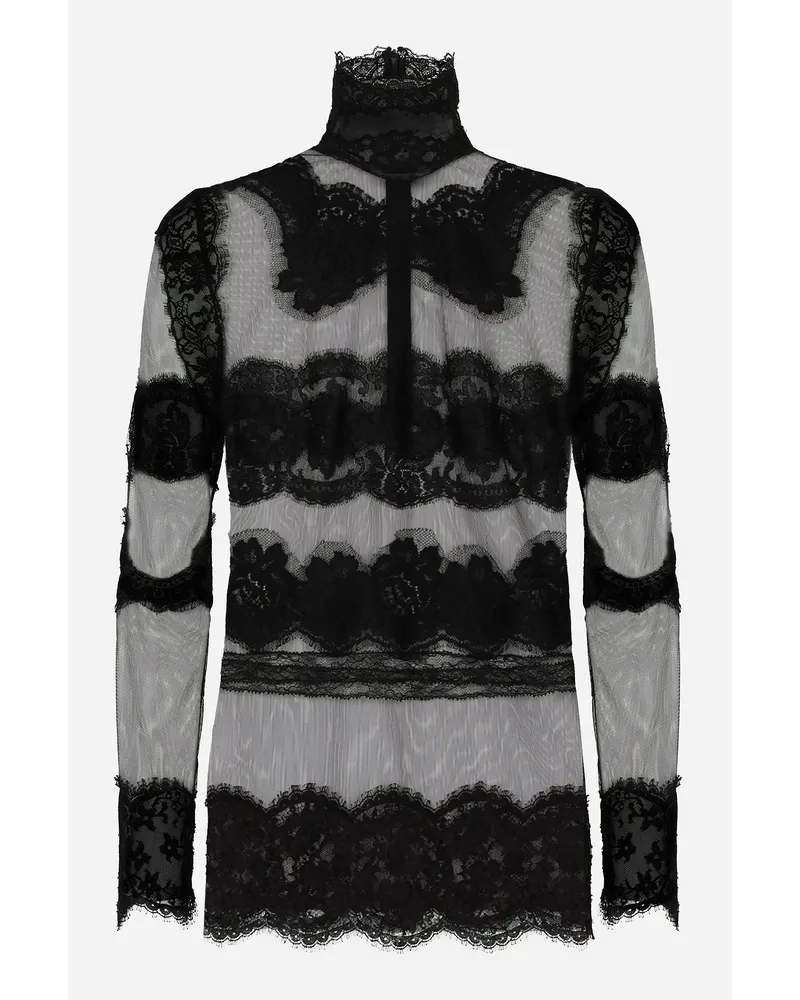 Dolce & Gabbana Tulle Turtle-neck Top With Lace Inserts - Donna Camicie E Top Nero Tulle Nero