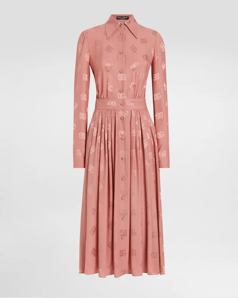 Dolce & Gabbana Abito Chemisier In Raso Di Seta Jacquard Logo Dg - Donna Abiti Rosa Rosa