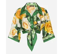 Camicia Corta Con Fiocco In Seta Stampa Rose Gialle - Donna Camicie E Top Stampa