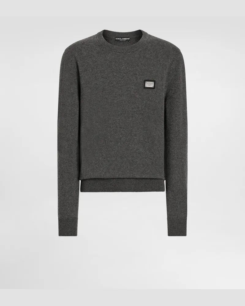 Dolce & Gabbana Maglia Girocollo In Lana Con Placca Logata - Uomo Maglieria Grigio Lana Melange