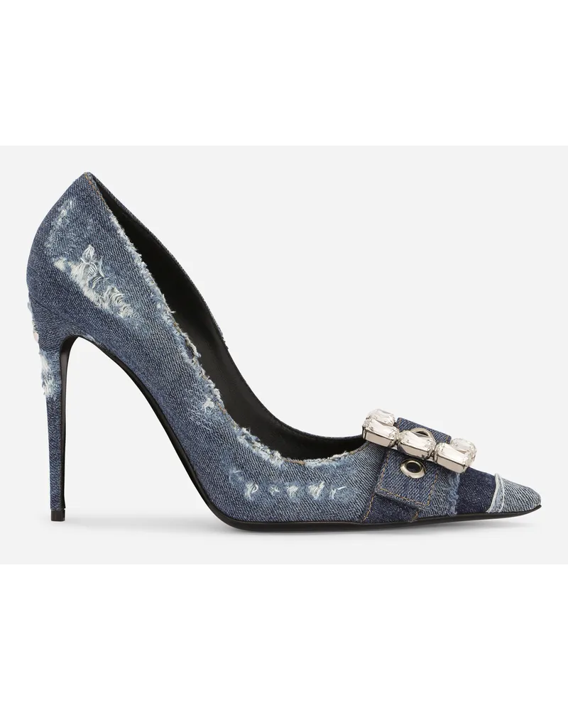 Dolce & Gabbana Patchwork Denim Pumps With Rhinestone Buckle - Donna Décolleté E Slingback Blu Denim Blu