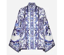 Camicia In Twill Stampa Maiolica Con Spacchi - Donna Camicie E Top Blu Seta