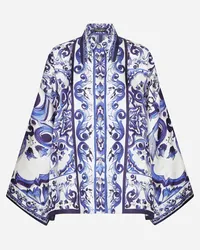 Dolce & Gabbana Camicia In Twill Stampa Maiolica Con Spacchi - Donna Camicie E Top Blu Seta Tris