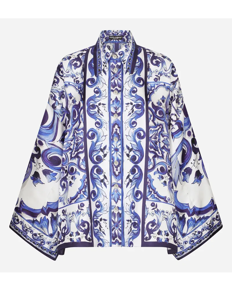 Dolce & Gabbana Camicia In Twill Stampa Maiolica Con Spacchi - Donna Camicie E Top Blu Seta Tris