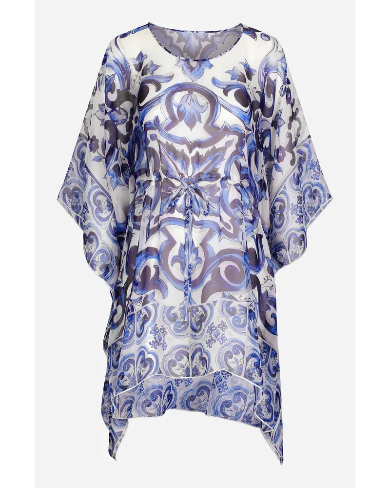 Dolce & Gabbana Kaftano Corto In Chiffon Stampa Maiolica - Donna Abiti Blu Seta Tris