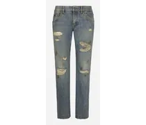 Jeans In Denim Lavato Con Rotture - Uomo Denim Multicolore Denim