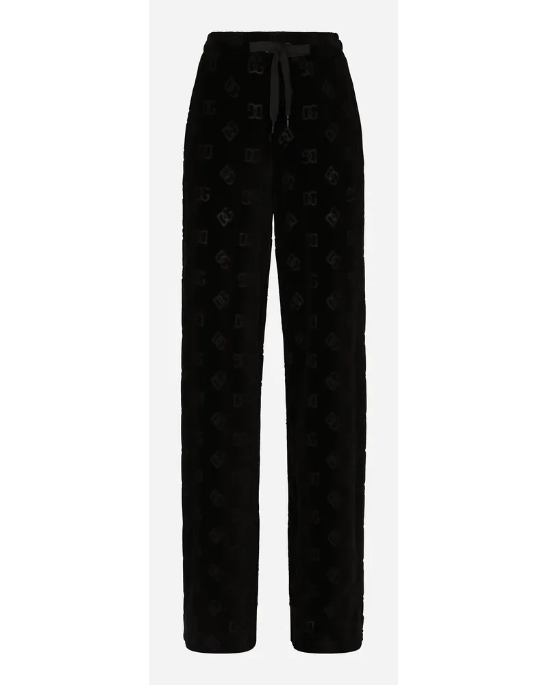 Dolce & Gabbana Pantaloni In Jersey Flock Con Logo Dg Allover - Donna Pantaloni E Shorts Nero Cotone Nero
