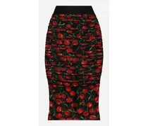 Cherry-print Tulle Midi Skirt With Branded Elastic And Draping - Donna Gonne Multicolore Tulle