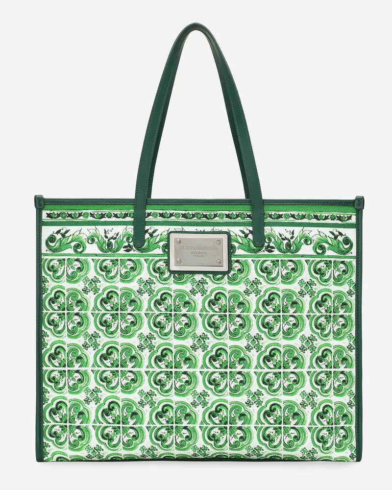 Dolce & Gabbana Shopping Grande In Canvas Stampa Maiolica - Uomo Borse Shopping Stampa Cotone Stampa