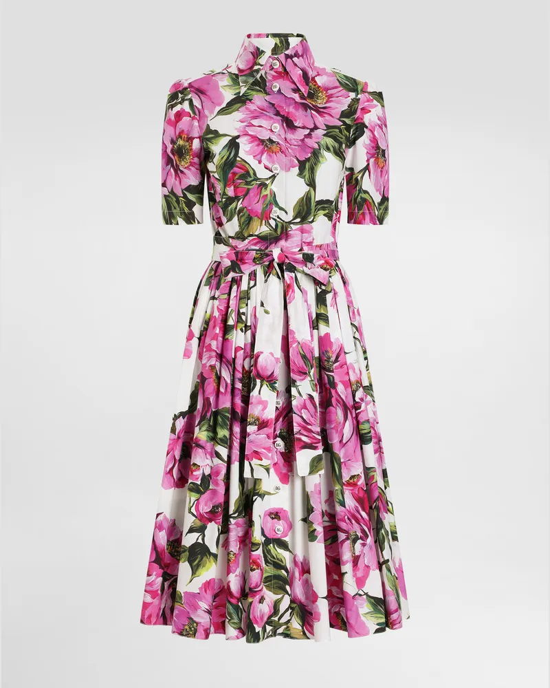 Dolce & Gabbana Abito Longuette Chemisier In Cotone Stampa Peonie - Donna Abiti Stampa Stampa
