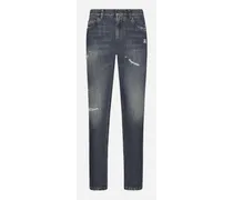 Jeans Regular Denim Blu Con Abrasioni - Uomo Denim Multicolore