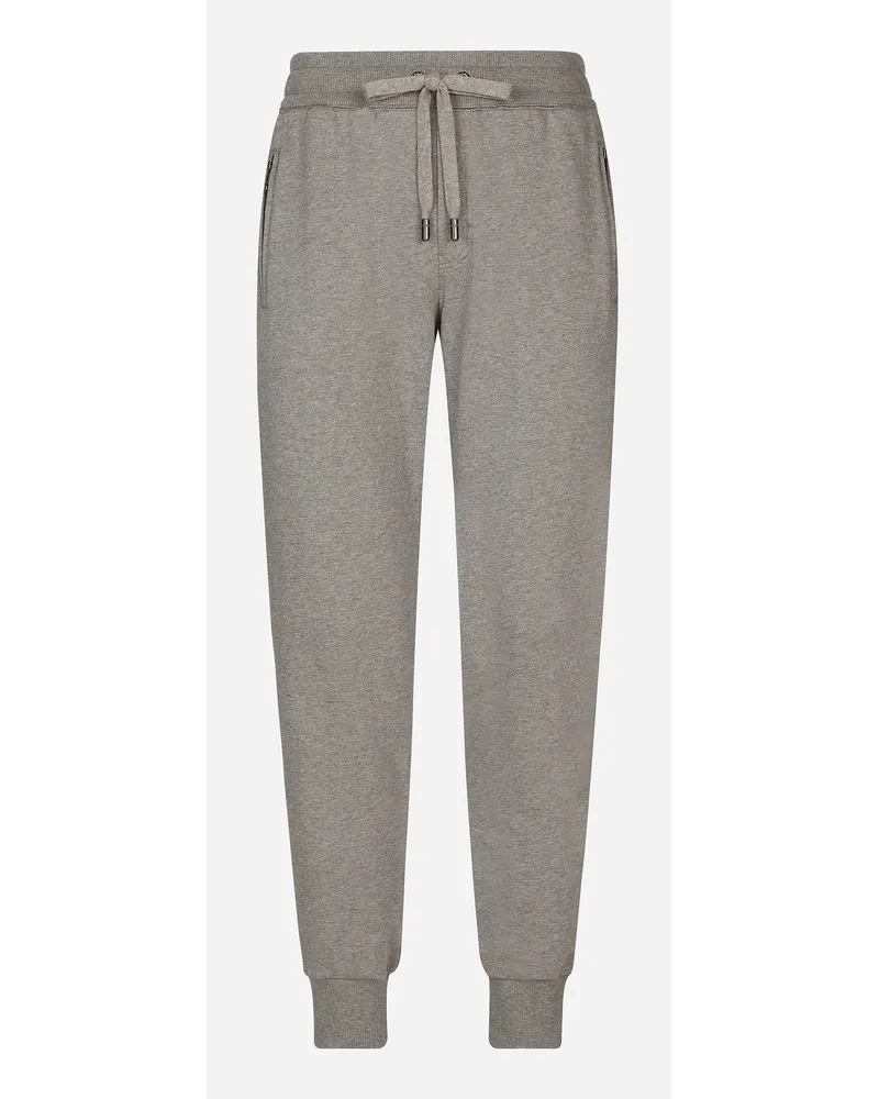 Dolce & Gabbana Pantalone Jogging In Jersey Con Placca Logata - Uomo Pantaloni E Shorts Grigio Cotone Melange