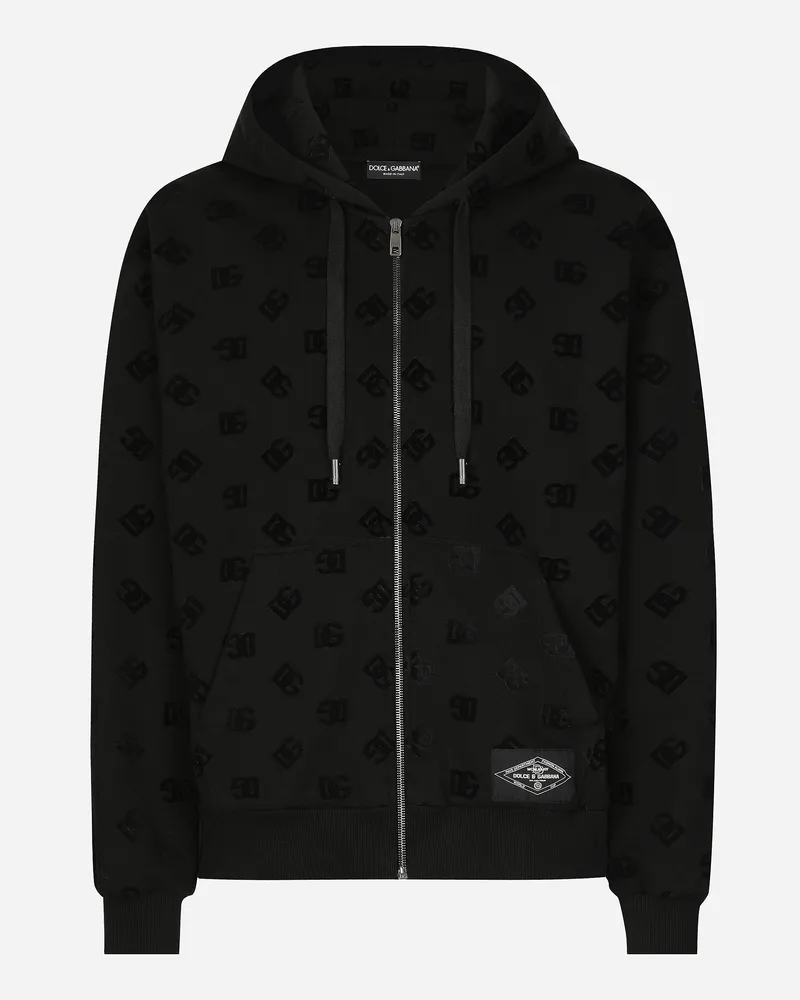 Dolce & Gabbana Felpa Con Cappuccio E Zip Stampa Dg Allover - Uomo Felpe Nero Nero