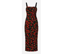 Cherry-print Jersey Calf-length Dress With Draping - Donna Abiti Multicolore Tessuto
