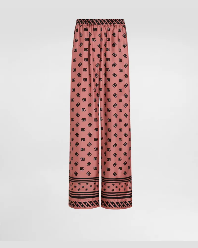 Dolce & Gabbana Pantaloni Pigiama In Raso Di Seta Jacquard Logo Dg Allover - Donna Pantaloni E Shorts Rosa Rosa