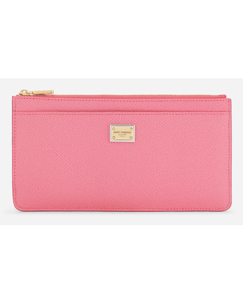 Dolce & Gabbana Portacarte Grande Con Zip In Pelle Di Vitello Con Targhetta Logata - Donna Portafogli E Piccola Pelletteria Rosa Pelle Rosa