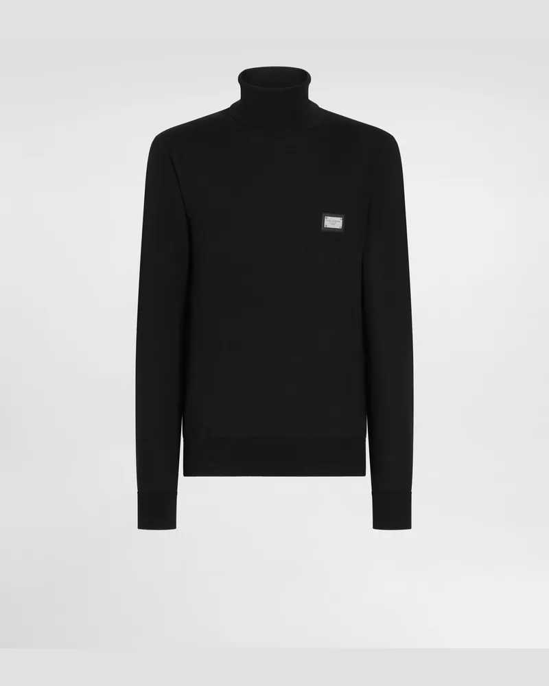 Dolce & Gabbana Maglia Collo Alto Lana Con Placca Logata - Uomo Maglieria Nero Lana Nero