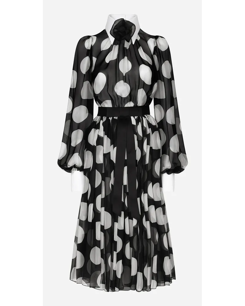 Dolce & Gabbana Abito Longuette In Chiffon Stampa Pois Con Dettagli In Piquet - Donna Abiti Stampa Stampa