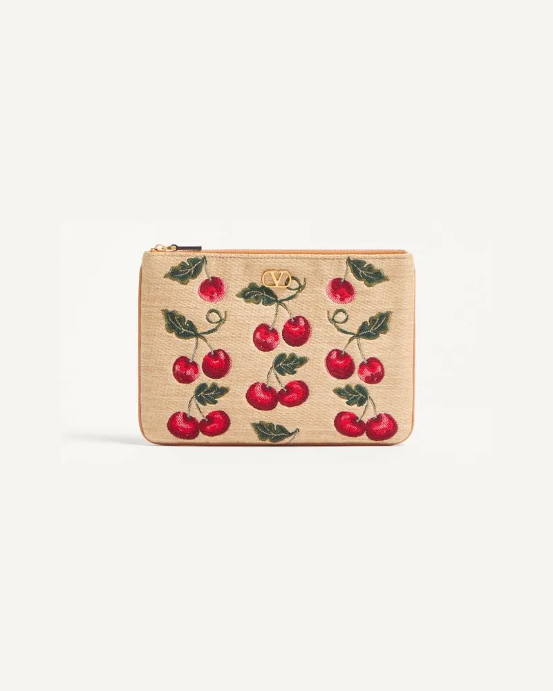 Valentino Garavani Pochette VLogo Signature In Rafia Jacquard Con Motivo Cherryfic Donna NATURALE/ROSSO Naturale