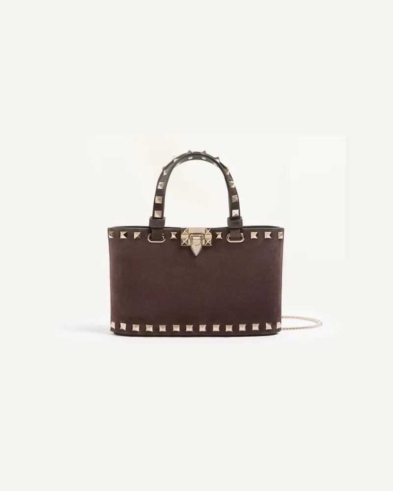 Valentino Garavani Mini Borsa Shopping Rockstud In Suede Donna EBANO Ebano
